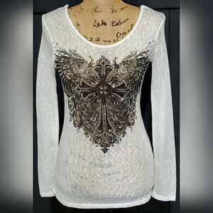 💎Angels & Diamonds, crochet & fringe~ winged cross l/s top💎